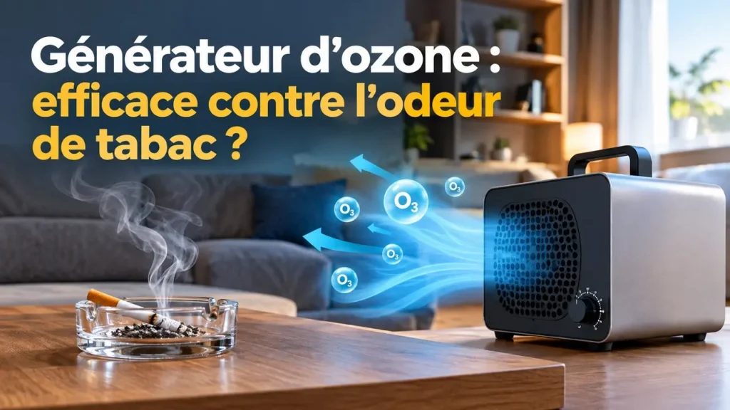 Générateur d’ozone pour éliminer les odeurs de tabac dans une pièce, avec illustration de l’action de l’ozone O₃ sur les odeurs de cigarette.