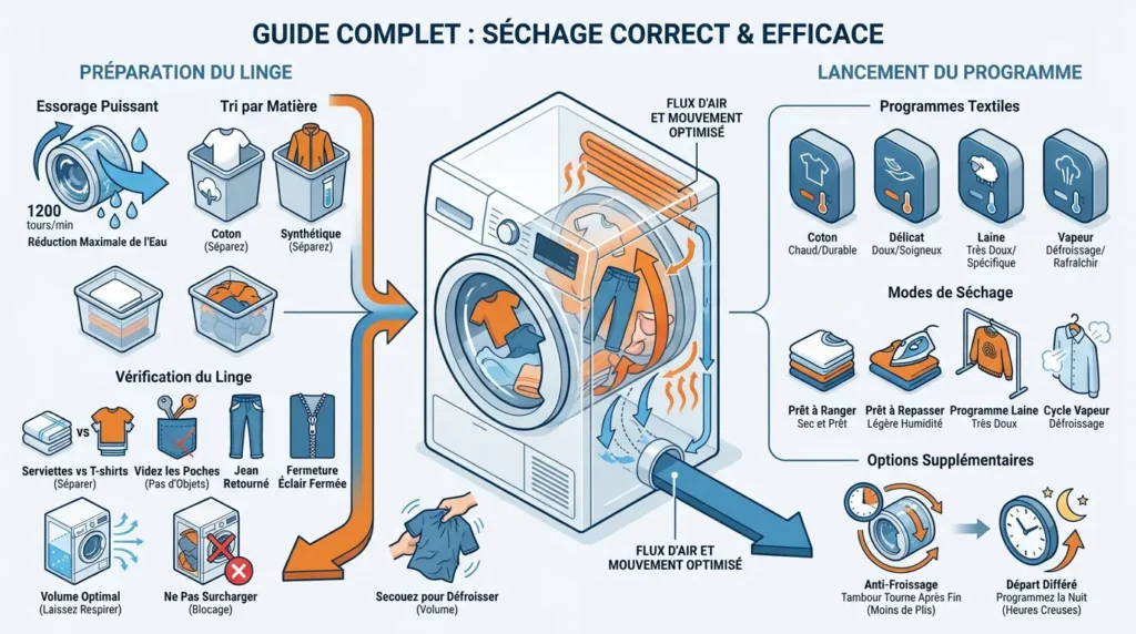 Infographie détaillant les différents modes de séchage du linge et comment préparer le linge pour un séchage optimal