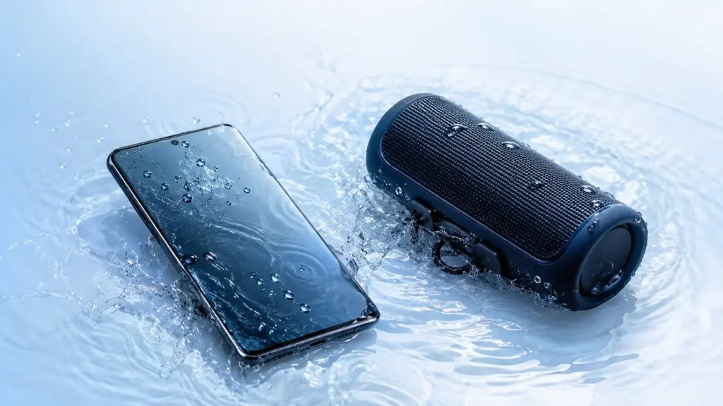 Smartphone et enceinte Bluetooth étanches partiellement immergés dans l’eau, avec éclaboussures et reflets sur un fond bleu et blanc.
