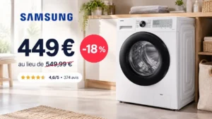 Bon plan lave-linge hublot Samsung WW80CGC04DAH à 449 € au lieu de 549,99 €, soit 100 € de réduction (-18 %), avec une note de 4,6/5 basée sur 374 avis.