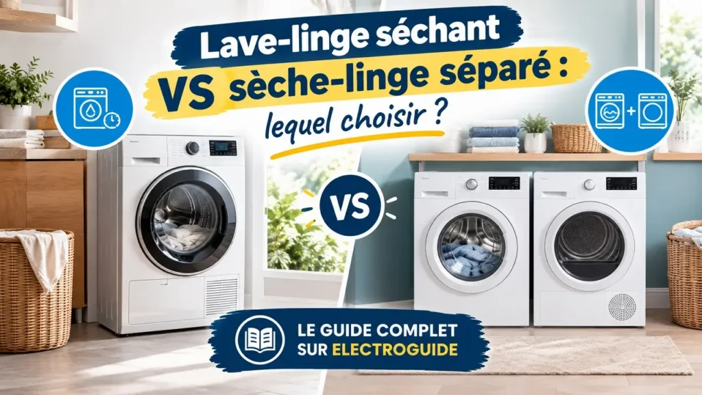 Lave-linge séchant et sèche-linge séparé dans une buanderie moderne, illustrant les différences entre les deux solutions pour choisir l’appareil le plus adapté à ses besoins.