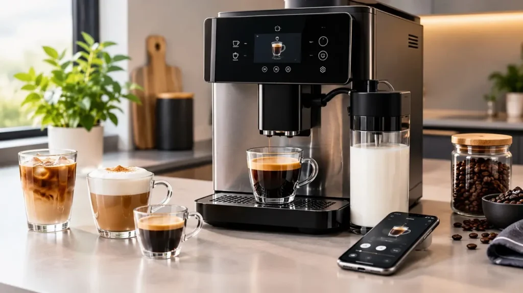 Une machine à café connectée posée sur le plan de travail d'une cuisine moderne. Au premier plan on voit plusieurs cafés dont des boissons lactées.