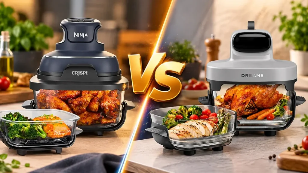 Comparatif Airfryer Ninja Crispi et Dreame Tasti avec les deux appareils face à face et un VS doré au centre.