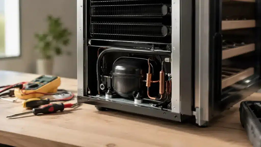Pannes cave à vin : vue arrière d’une cave à vin encastrable ouverte montrant le compresseur et les tubulures de refroidissement, avec des outils de réparation électroménager sur un établi en bois.