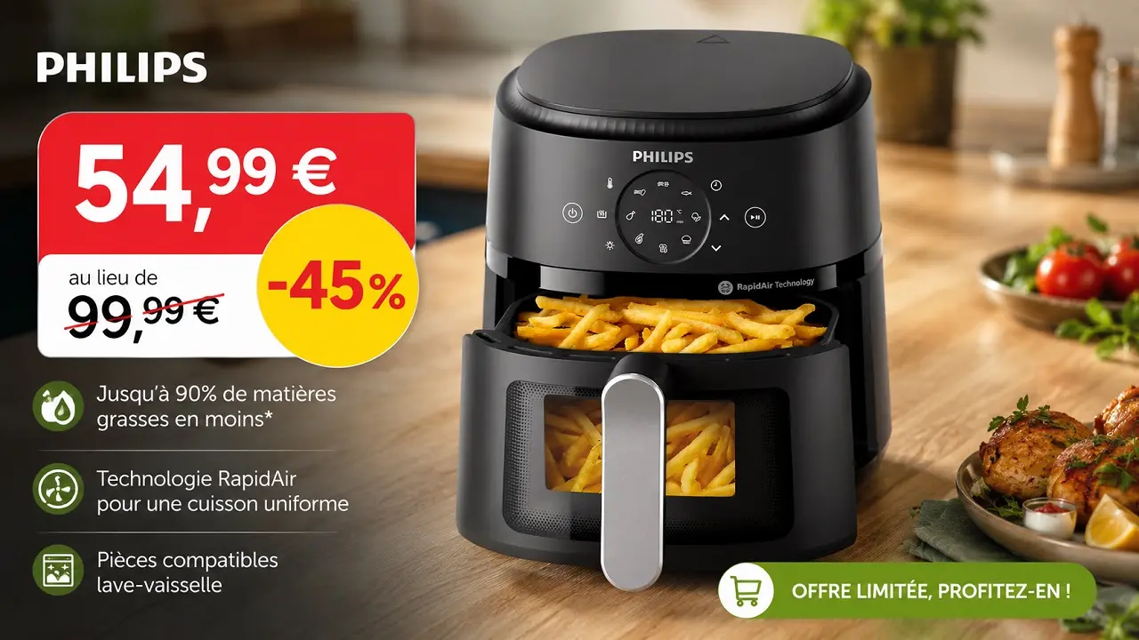 Bon plan Airfryer Philips à 54,99 € au lieu de 99,99 €, soit 45 % de réduction, avec technologie RapidAir et cuisson de frites croustillantes.