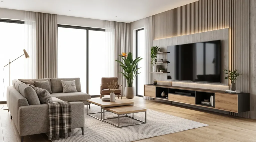 Un salon design avec canapé d'angle, TV 4K et meuble TV.