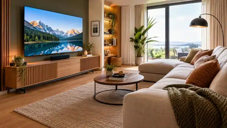 Un salon moderne de type scandinave avec un canapé d'angle, une TV accroché au mur et un superbe meuble TV en bois.