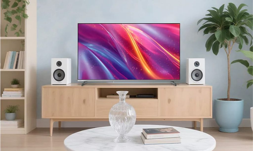 Un téléviseur de la marque CHiQ posé sur un meuble TV en bois dans un salon sobre et lumineux.
