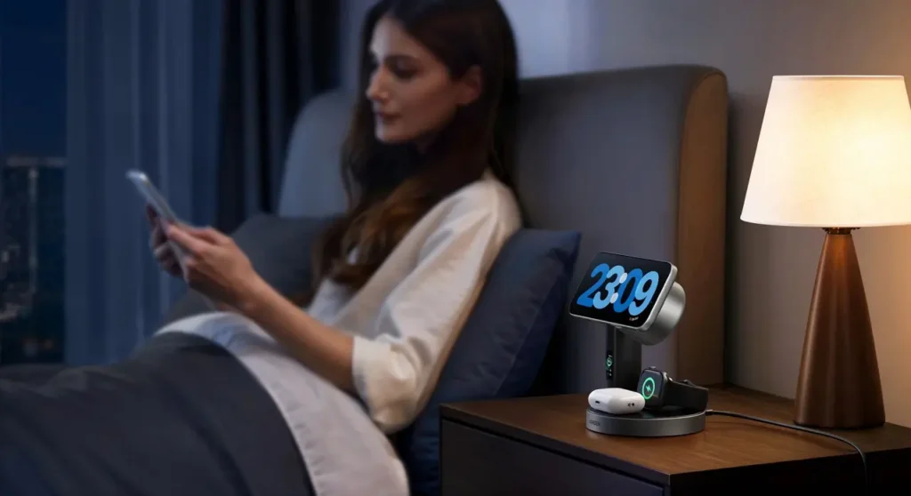 Une femme allongée dans son lit recharge son mobile, ses écouteurs sans fil et sa montre avec le chargeur Ugreen 3 en 1 MagFlow Pro 25W posé sur la table de nuit.