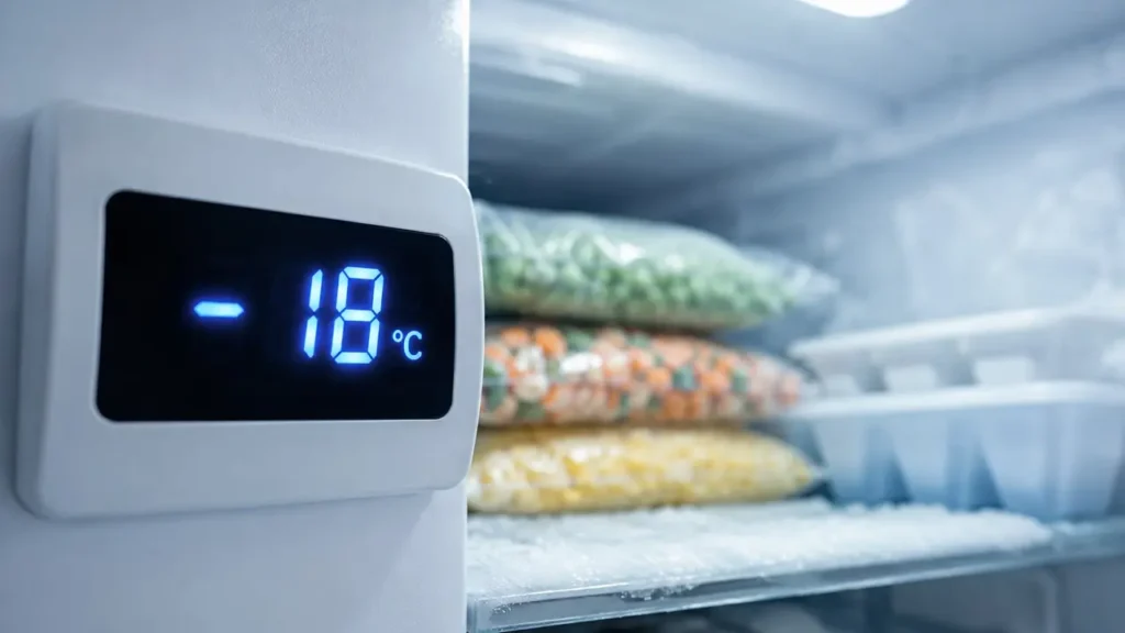 Écran digital d’un congélateur affichant une température de -18°C, avec aliments surgelés et givre en arrière-plan.