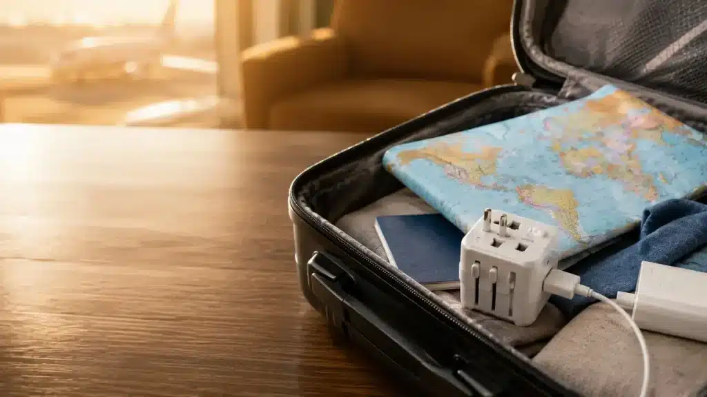 Valise de voyage ouverte avec carte du monde, passeport et adaptateur universel branché à un chargeur de smartphone, idéale pour préparer ses appareils électroniques en voyage.