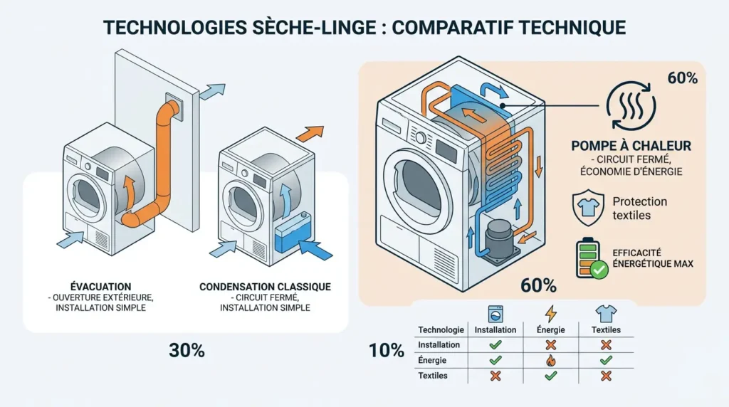 Infographie comparant la technique des différents types de sèche-linge