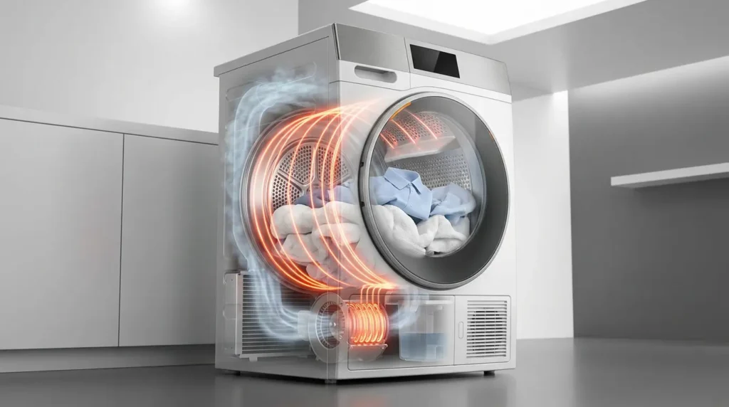 Un sèche linge moderne avec le flux d'air modélisé pour comprendre le fonctionnement.