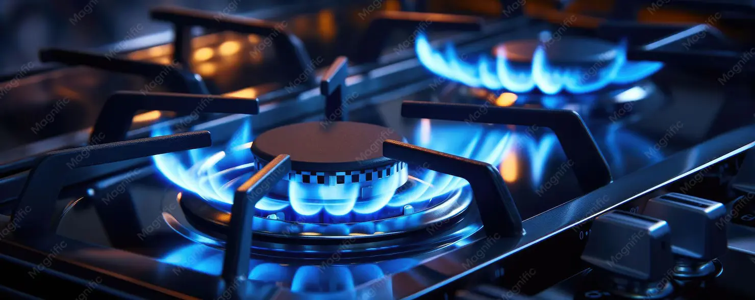 Gros plan sur les brûleurs d'une gazinière gaz montrant des flammes bleues